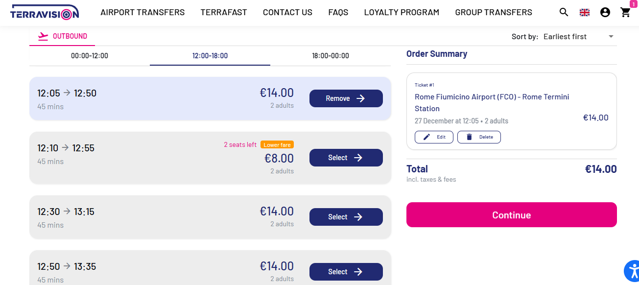 Terravision · Фьюмичино–Termini, 27 декабря, выбран €14 за двоих; время не подходит основному рейсу